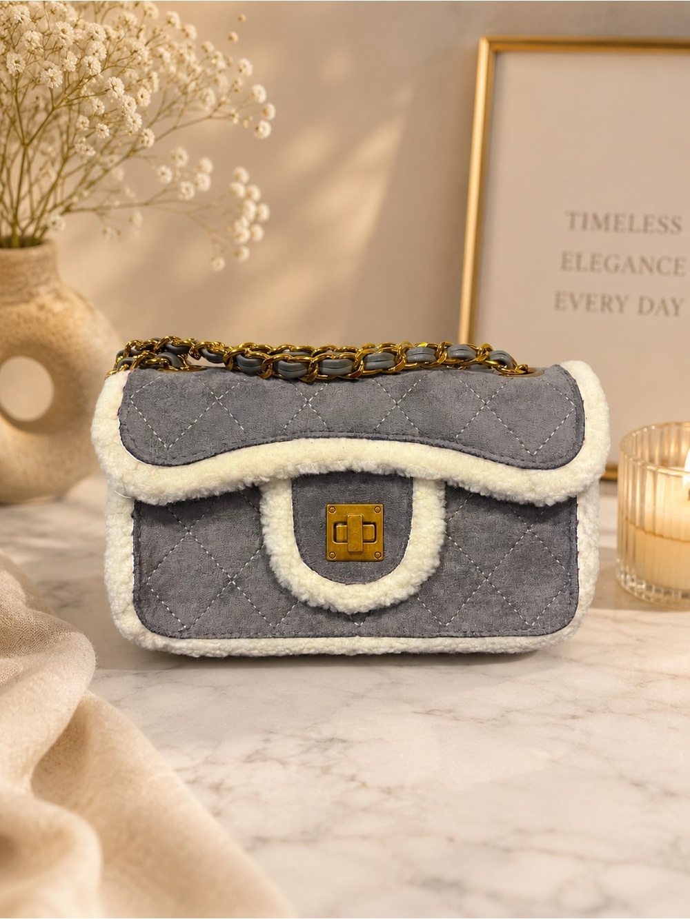 Plush Quilted Gray Crossbody Bag with Shearling Trim